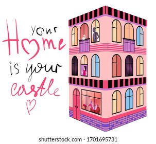 Apartamento isométrico vectorial de 3 pisos con gente dentro aislada sobre fondo blanco. Edificio 3D de caramelo rosa claro con terraza con ventanales. Dejar casa es castillo. Mantén la cuarentena.