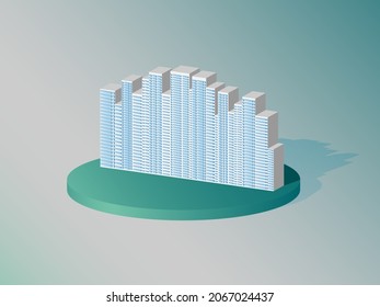 Vector isometric apartment building on white and green gradient background. Simple isolated architecture icon
