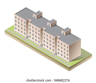 Vector Isometric Apartment Building On White Background. Simple Isolated Architecture Icon