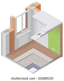 Vector Isometric Apartment Cutaway Icon. Image Showing Wall, Floor And Ceiling Layers