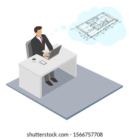 Vector isometric architect sitting at the desk in the office and thinking about the private house floor plan \ layout