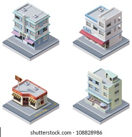 Vector isometric art deco buildings set. Included hotel, cafe, diner