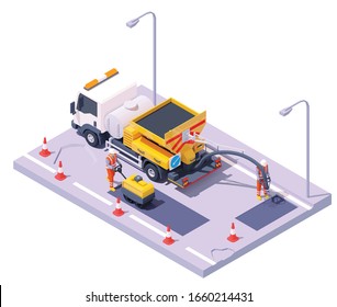 Vector isometric asphalt road potholes spray injection repair process. Potholes patching technology. Worker operating spray injection patching machine, worker with road roller. Repair and maintenance