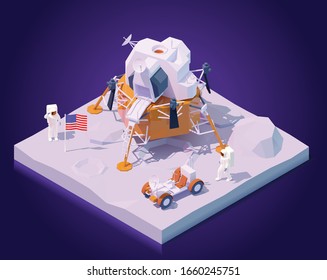 Vector isometric astronauts on Moon mission. Two astronauts walking on Moon surface, Apollo lunar landing module, lunar roving vehicle or rover, flag of the USA