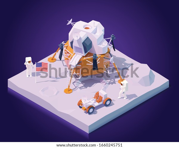 Vector isometric astronauts on\
Moon mission. Two astronauts walking on Moon surface, Apollo lunar\
landing module, lunar roving vehicle or rover, flag of the\
USA