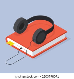 Vector isometric audiobook illustration. Book with bookmark and connected headphones. Listening, learning and audiobook service provider app concept.