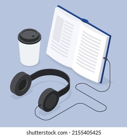 Vector isometric audiobook illustration. Open book with connected headphones and cup of coffee. Listening and learning concept.
