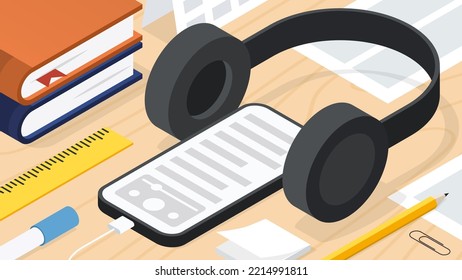Vector isometric audiobook illustration. Smartphone with headphones on table with books and stationery. Listening, learning and audiobook service provider app concept.