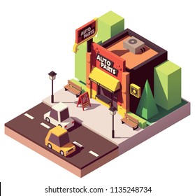 Vector isometric auto parts and accessories store with signboard