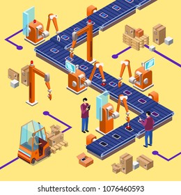 Vector Isometric Automatic Assembly Factory Robotic Line Concept. Illustration With Electronic Device Manufacturing Factory Conveyor System With Industrial Robots, Workers, Packaging Boxes.