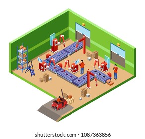 Vector Isometric Automatic Assembly Factory Robotic Line Cross Section Concept. Illustration With Electronic Device Manufacturing Factory Conveyor System With Industrial Robot Worker, Packaging Boxes.