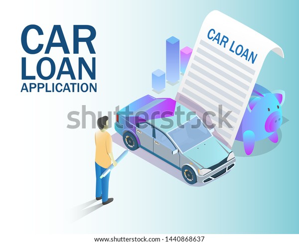 Vector isometric automobile, loan agreement and\
buyer holding pen to sign it. Car loan application concept for web\
banner, website page\
etc.