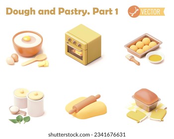 Vector isometric bakery icon set. Kneading dough, baking bread and pastry. Kitchen equipment, bread and pastry ingredients. Working process steps