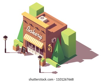 Vector isometric bakery shop building with signboard and awning