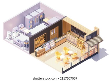 Vector isometric bakery shop or cafe interior. Store furniture, stands, shelves, chairs, tables. Bakery and bread display stands, cashier desk. Industrial production line equipment and machinery