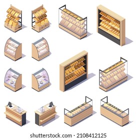 Vector isometric bakery store stands and shelves. Bakery and bread display stands, cashier desk. Grocery shop retail equipment