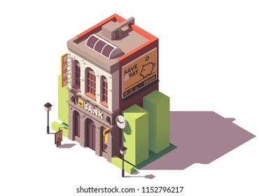 Vector Isometric Bank Building With ATM And Banking Services Related Billboard Advertising