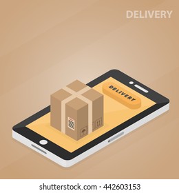 Vector isometric banner of delivery for website and infographics. Business concept of online shopping, marketing and logistics. Box and phone illustration. Poster of transportation.