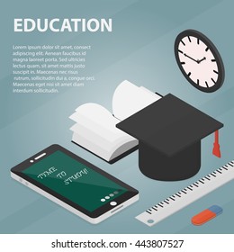 Vector isometric banner of education for website. Business concept of online learning, training course and studying. Poster of back to school.