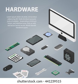 Vector isometric banner of hardware for website, apps and infographic. Business concept poster of computer store and electronic market.