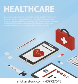 Vector isometric banner of healthcare and medicine for website, apps and infographic. Business concept poster of medical science.