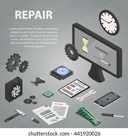 Vector isometric banner of repair electronics for website and infographic. Business concept poster of computer and hardware repair. Set of isolated computer parts and hardware in isometric design.