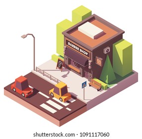 Vector isometric barber shop building with signboard and awnings