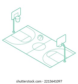 Ilustración vectorial isométrica de cancha de baloncesto. Corte con dos canastos y pelota. Diseño simple en línea con relleno blanco opcional. Aislado sobre fondo blanco.