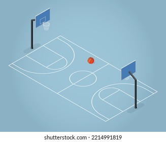 Vektorisometrisches Basketballfeld, Illustration. Weiße Linien, zwei Basketballstühle und ein Ball dazwischen. Professioneller Sport. Einfaches Design.