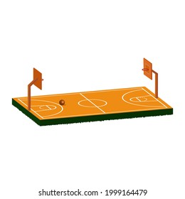 Vector isometric basketball field. A ball on an orange-coated basketball court on soft grass. Two bagsetball rings on an isometric playing field.