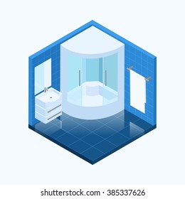 Vector isometric bathroom in blue colors, tiles, shower, towels, mirror, wash basin isolated