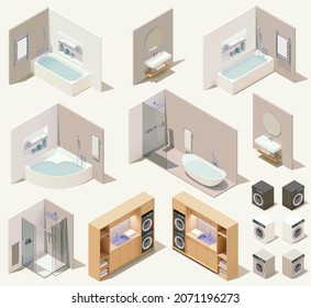 Vector isometric bathroom furniture and plumbing fixtures. Bathroom equipment and sanitary hardware. Bathtub, toilet, washbasin, faucet, shower, sink