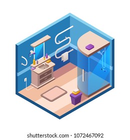 Vector isometric bathroom interior background section template. 3d modern home, hotel apartment lavatory restroom. Illustration with ceramic furniture, shower cabin sink closet mirror, blue background