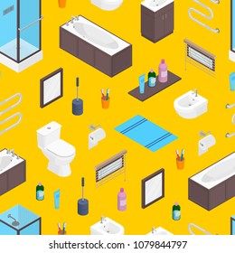 Vector isometric bathroom and lavatory toilet furniture elements heater, toilet bowl, mirror and skincare tubespattern or background illustration