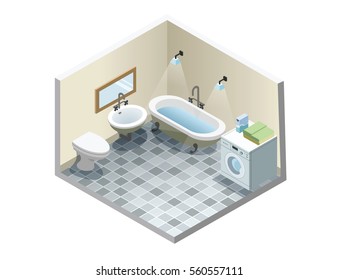 Vector isometric bathroom, set of retro vintage bath furniture icons, bathroom isometric retro interior, 3d flat design of home elements