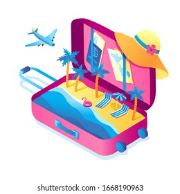 Playa isométrica vectorial junto al mar en maleta. palmeras, tumbonas y océano en el equipaje. Concepto de reservar entradas y excursiones a través de la aplicación en línea. Viajes, vacaciones, turismo en países exóticos