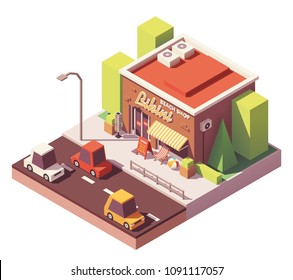 Vector isometric beach equipment shop building with signboard, sunglasses display stand, deckchair and ball