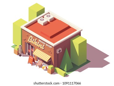 Vector isometric beach equipment shop building with signboard, sunglasses display stand, deckchair and ball