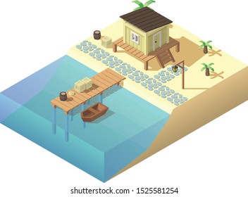 Vector Isometric Beach House With Mole And Boat. Tropical Bungalow Illustration.