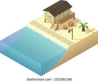 Vector Isometric Beach House. Tropical Bungalow Illustration.