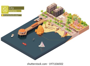 Vector isometric beach pier and amusement park. Sandy beach with inflatable water slides and umbrellas, playground and skating park