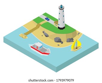 Vector isometric beach with representing lighthouse, car, ship, and boat. Vector 3d background concept