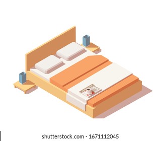 Vector isometric bed with mattress, pillows, high back and bedside tables. King size bed. Isolated on white background.