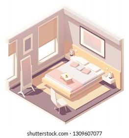 Vector isometric bedroom with double bed, carpet, floor mirror, nightstands and night lamps