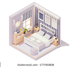 Vector isometric bedroom with double bed with pillows, carpet, wall mirror, drawer chest, nightstands, roman blinds and night lamps