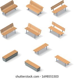 Vector isometric bench collection. Set of outdoor park design elements.