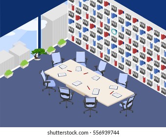 Vector isometric big meeting room with rectangle table, office chairs and other furniture. Blue and white colors.