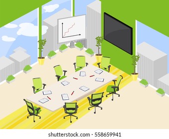 Vector isometric big meeting room with rectangle table, office chairs and other furniture. Green and yellow colors.