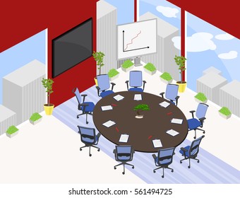 Vector isometric big meeting room with round table, office chairs and other furniture. Red and blue colors.