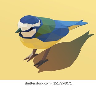 Vector isometric bird Blue Tit [Cyanistes caeruleus]. Low poly 3d vector illustration.